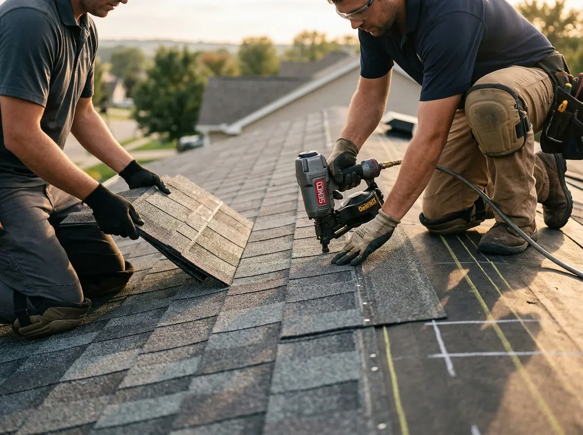 Professional roofer working on a residential roof in Kent